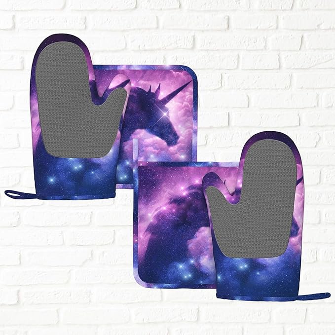 Purple Unicorn Galaxy Star Oven Mitts And Pot Holders Set Of 4 Silicone Heat Resistant Oven Mitten Potholders Non Slip Gloves Kitchen Decor For Bbq Cooking Grilling Baking