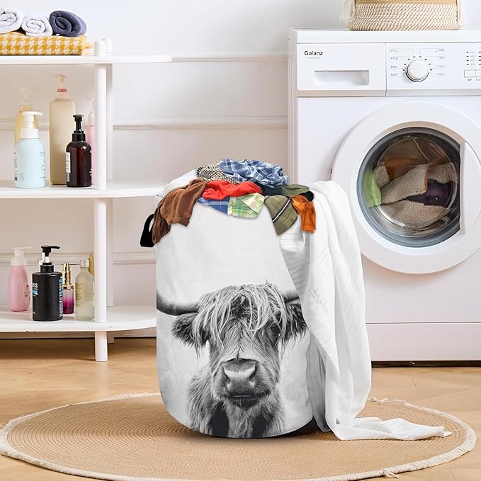 Highland Cow Laundry Basket with Sturdy Handles, Collapsible Oxford Cloth Laundry Hamper Organizer Basket for Bathroom Bedroom 15.7x20 Inch