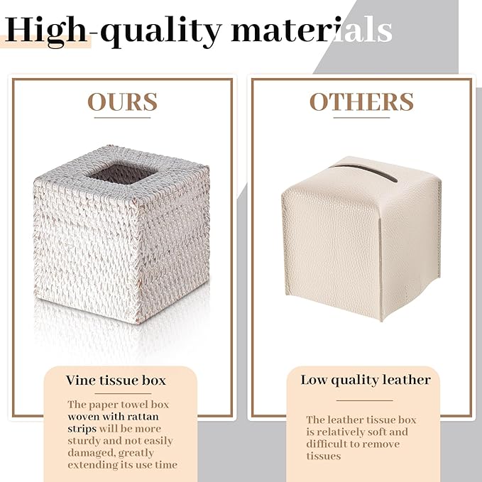 Kigley 2 Pcs Square Rattan Tissue Box Cover Boho Wicker Tissue Cube Box Cover 5.5'' x 5.5'' x 5.5'' Decorative Natural Wicker Hand Woven Napkin Box Holder Bathroom Office Car Accessories (White)