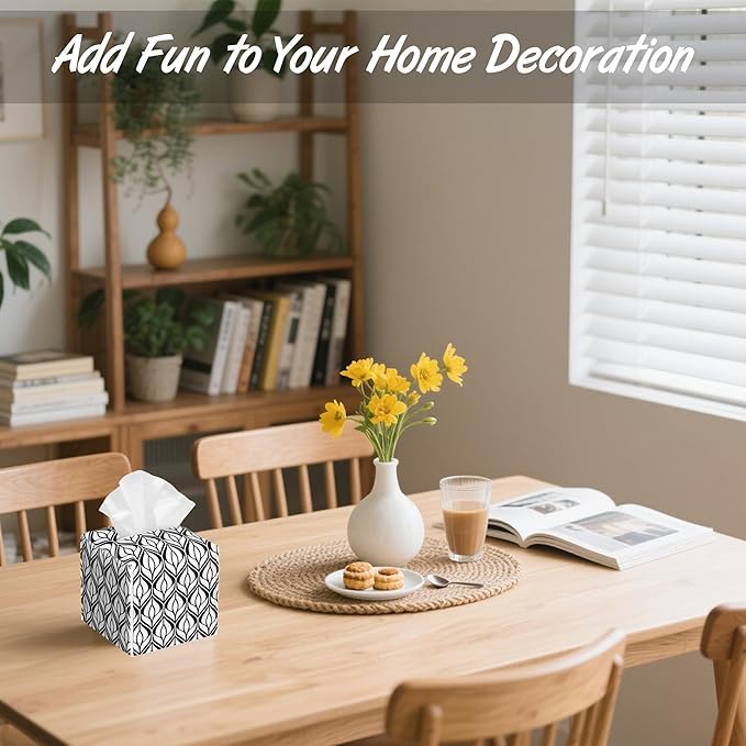 Abstract Geometric Tissue Box Cover Square,Tissue Box Holder with Belt Bottom,Stylish Leather Napkin Holder for Vanity Countertop,Nightstands,Office Desk,5.2"×5.2"×5.2"