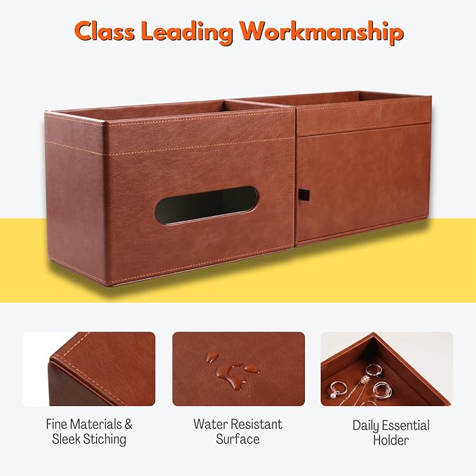 LAMOTI Rectangular Tissue Box Cover with Storage Tray, Leather Facial Tissue Box Holder for Bathroom, Office Table, Countertop, Night Stand & More (Brown)