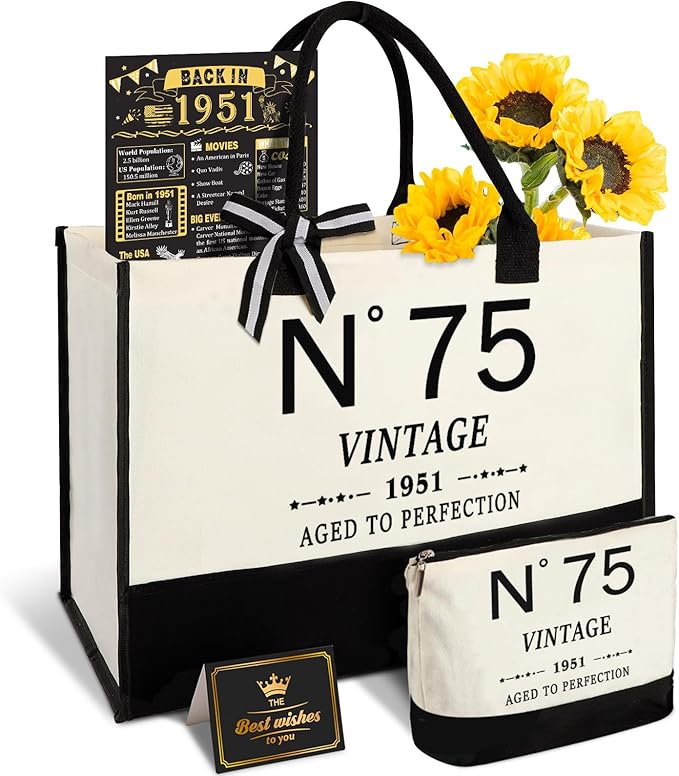 YeohJoy 75th Birthday Gifts for Women Canvas Tote Bag Travel Gear, Unique 75 Years Old Gifts for Wife Mom Sister Aunt Friends Her, Vintage N°75 Handbag & Cosmetic Bag & Back in 1951 Poster