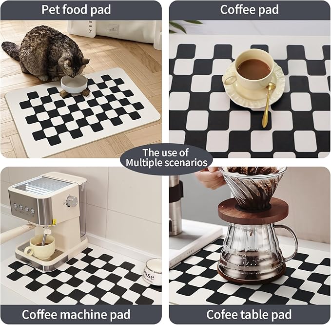 2PCS Checkered Dish Drying Mat 24''x16'' Water Absorbent Coffee Mat Dish Drying Pad for Kitchen Counter Bathroom Pet Feeding Area,Black Checkered