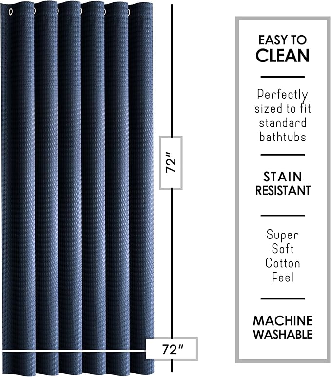 Clara Clark Navy Blue Shower Curtain - Hotel Quality Waffle Fabric Bath Curtain 72x72, Heavy Duty Waterproof Shower Curtains for Bathroom
