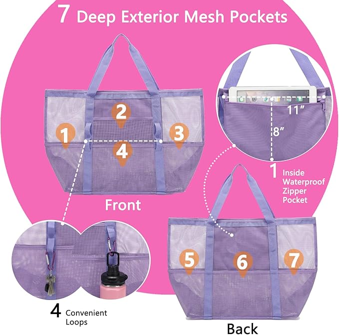 Fammart Mesh Beach Bag, Large Beach Tote Bags with Zipper, Toys Pool Bag for Family Travel Vacation Cruise Essentials