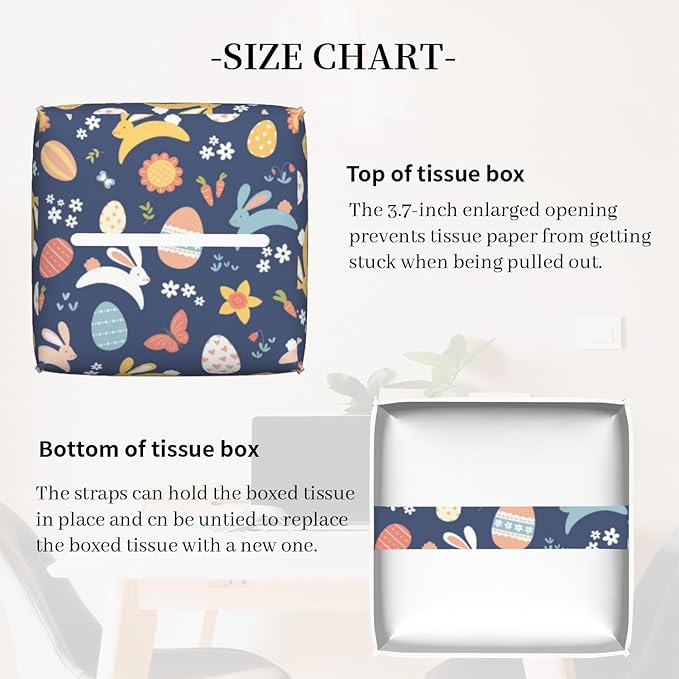 Tissue Box Cover Holder, Colorful Easter Bunnies Eggs and Flowers PU Leather Square Tissue Box Cover Decorative Organizer for Bathroom Kitchen Bedroom Vanity Countertop Night Stands