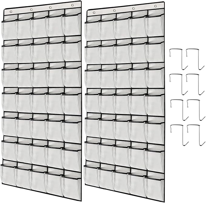 TidyMaster 2 Pack 35 Breathable Mesh Pockets Large Hanging Shoe Organizer Over The Door Shoe Rack for Closet Door Storage Shoe Holder Hanger, 8Hooks, White (67.7'' x 26.4'')