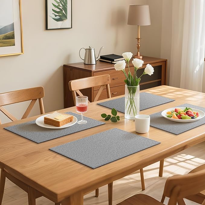 Blue Forest | Rectangular Faux Linen Placemats Set of 6 | Dual- Layered Thickened for Durability | Heat Resistant | Machine Washable | Wrinkle Free for Easy Care Indoor/Outdoor Use - Light Grey