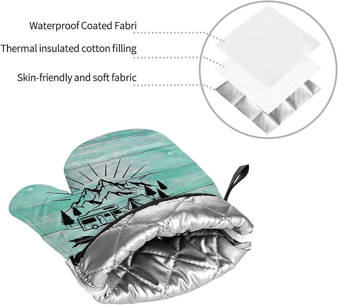 Happy Camper Oven Mitts and Pot Holders Sets of 4,Resistant Hot Pads with Polyester Non-Slip BBQ Gloves for Kitchen,Cooking,Baking,Grilling