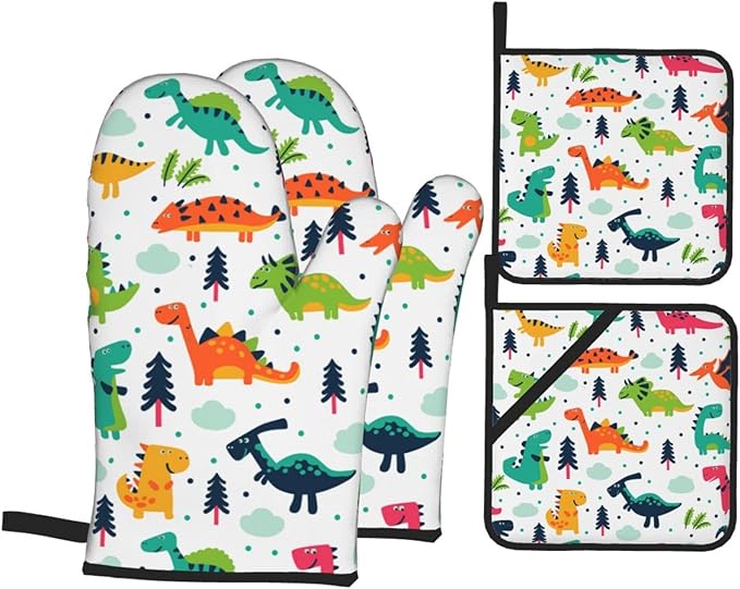 Cute Dino Kawaii Dinosaur Oven Mitts and Pot Holders Set of 4, Oven Mittens and Potholders Heat Resistant Gloves for Kitchen Cooking Baking Grilling BBQ