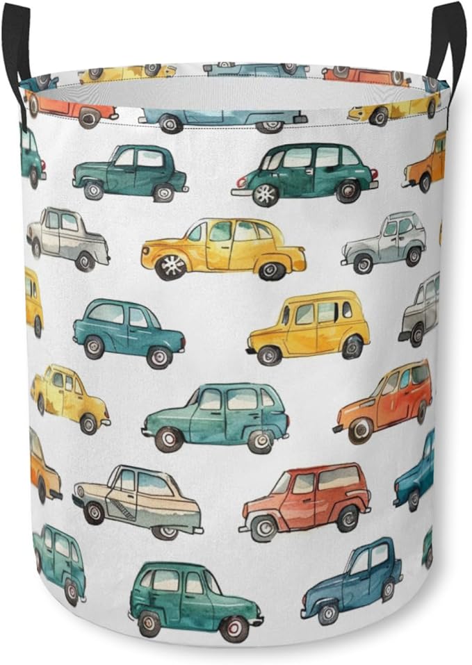Laundry Basket Watercolor Cars Collapsible Laundry Hamper with Handles Clothes Storage Bin for Household Bedroom Bathroom College Dorms