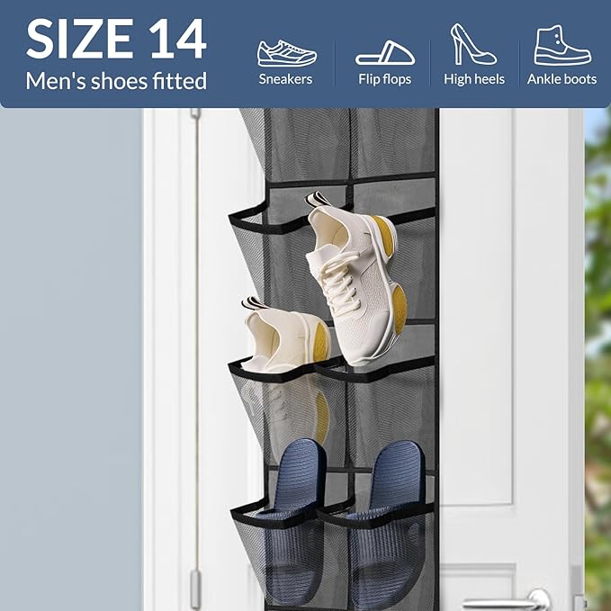 Makryebi Door Shoe Organizer with 14 Mesh Pockets, 59”H x 11.8”W inches, Clear Storage Pockets, 2 Pack,Grey