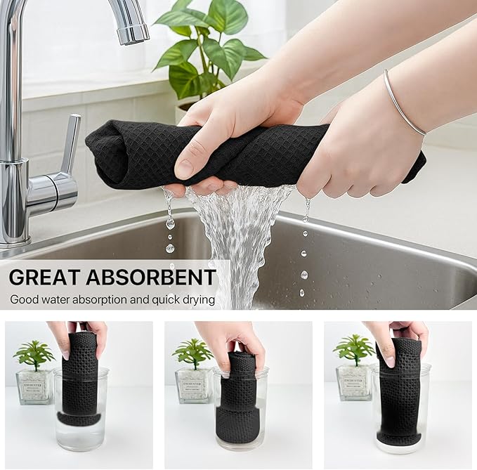 FreeNook 100% Cotton Waffle Weave Kitchen Towels, 4 Pack Dish Cloths for Washing Dishes, Ultra Soft Absorbent Dish Towels, Quick Drying Kitchen Rags, 13 x 28 Inches, Black