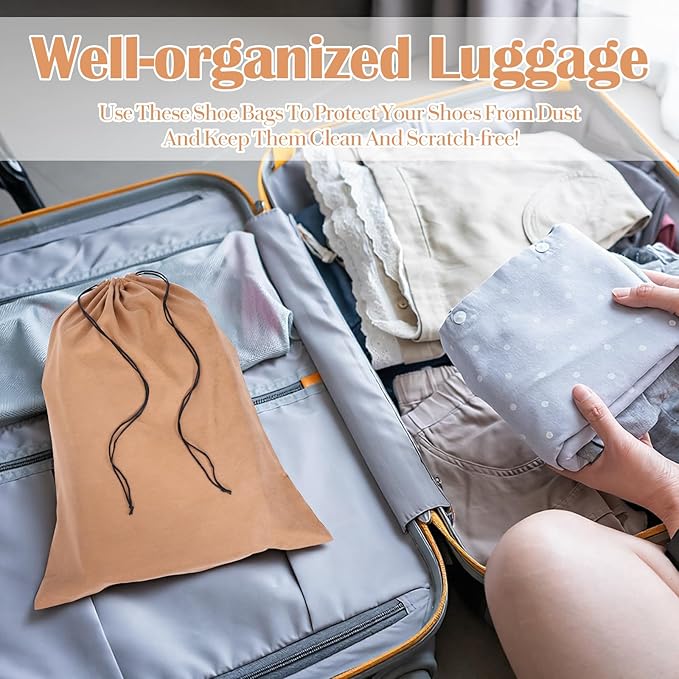 4-Piece Travel Shoe Bags for Packing, 23.6" x 19.3" Dustproof Shoe Bags - Flannel Shoes Pouch with Drawstring Closure,Washable & Reusable(Beige, Brown)