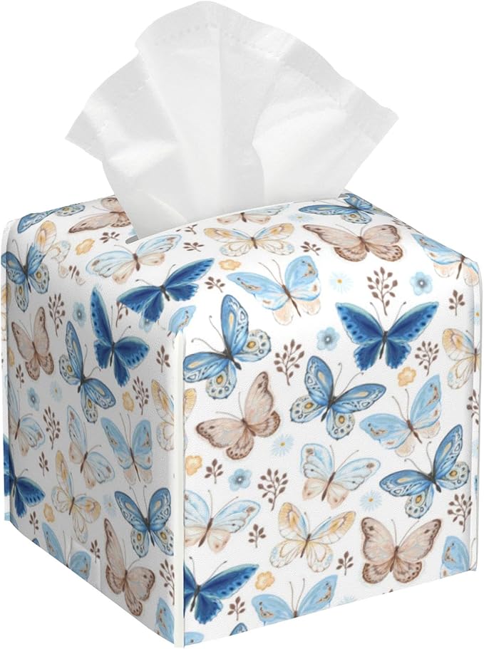 Vintage Butterflies Tissue Box Cover,Blue Butterfly PU Leather Tissue Box Holder Square,Modern Home Decoration for Bathroom Living Room Kitchen Office Car,5.2"×5.2"×5.2"