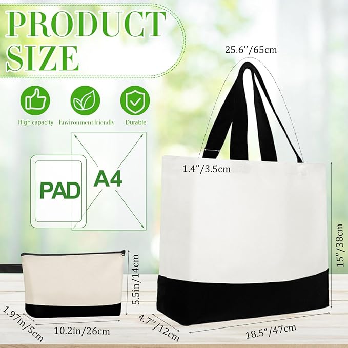 Sanwuta Canvas Tote Bags Bulk with Zipper Cosmetic Pouch 18.5" Reusable Cotton Shopping Bag with Handle for DIY Craft