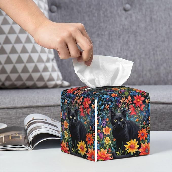 Colorful Florals Black Cat Tissue Box Cover Flower Daisy Square Leather Tissue Holder Decorative Facial Tissue Cube Paper Cover Case Organizer for Bathroom Night Stands Desk Tabletop Living Room Home