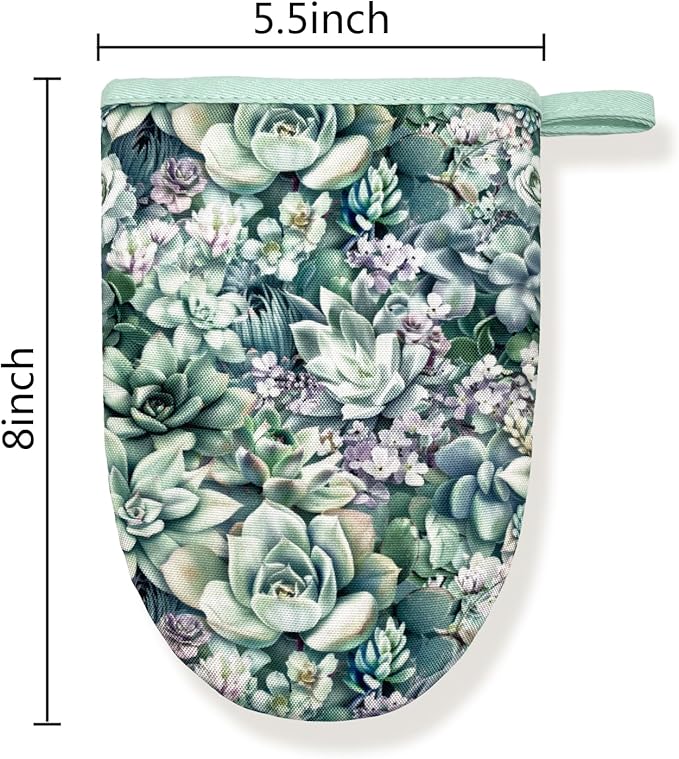 Succulents Green Teal Boho Floral Mini Silicone Oven Mitts, Heat Slip Resistant Kitchen Gloves 2-Pack Set, Soft Short Small Oven Mittens Pot Holders for Baking Grilling Barbecue Microwave Gift