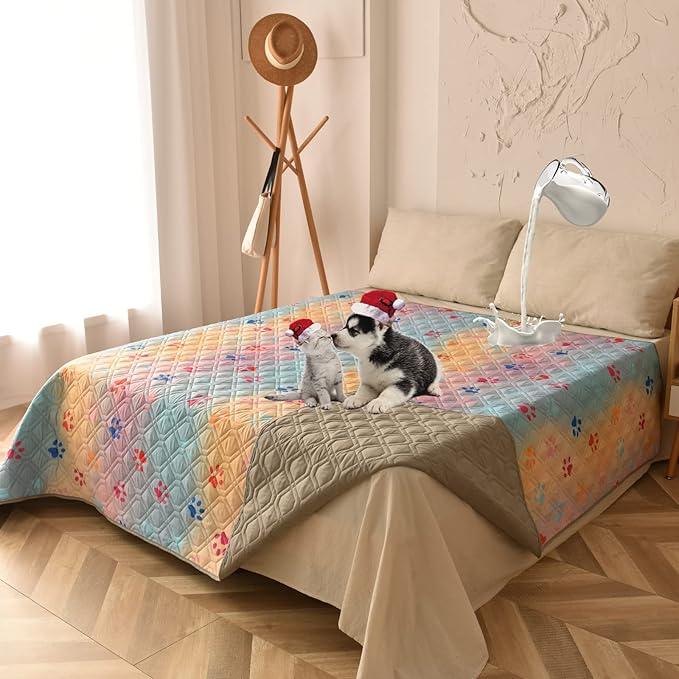 Topthumbs 100% Waterproof Dog Bed Cover 52x82 inch Reversible Changing Pad Reusable Camping Mat for Kids/Pet/Dog/Cat Washable Geometric Embroidery Blanket Patchwork Rainbow Dog Paw Printed+Gray