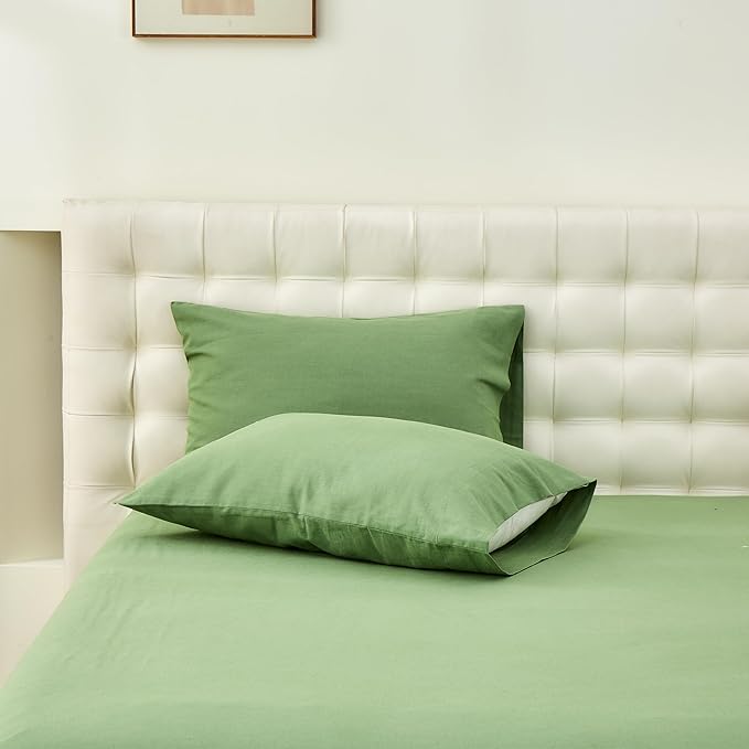 Simple&Opulence Belgian Linen Sheet Set Solid Color - 4 Pieces (1 Flat Sheet & 1 Fitted Sheet & 2 Pillowcases) Natural Flax Cotton Blend Soft Bedding Breathable Farmhouse - Khaki Green, Queen Size