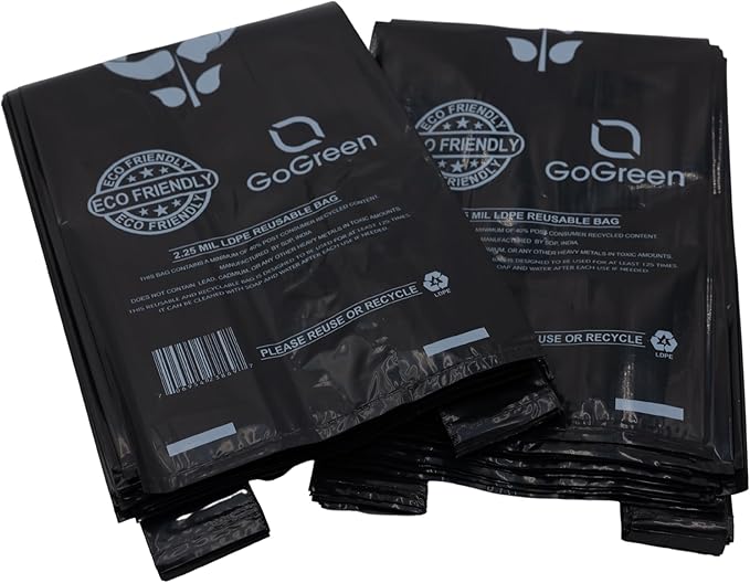 ASSUREPAK Black Reusable/Eco-Friendly LDPE T-Shirt - Single Bottle Bag 6"X4"X20" - 400 Bags - 57 Micron (2.25 mil) - Black - BLKLD40REC225REUSE6420