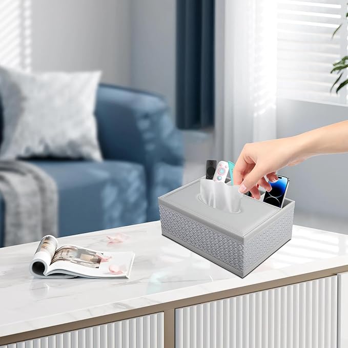 XNONE Tissue Box Cover Rectangle White Kleenex Box Holder PU Leather Facial Tissue Organizer,Multifunctional Remote Control Stationery Storage Box,Home Office Supplies Car Napkin Caddy