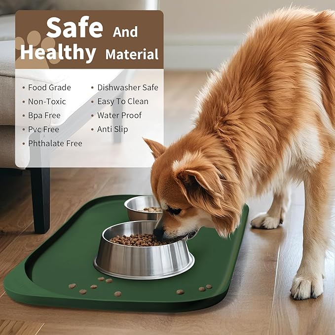 Smilool Silicone Pet Food Mat with Raised Edge for Food and Water Bowl, Dog Feeding Mats, Cat Food Trays for Floor Waterproof, Rubber Tray for Dogs and Cats, 24 x 16 x 0.8 Dark Olive
