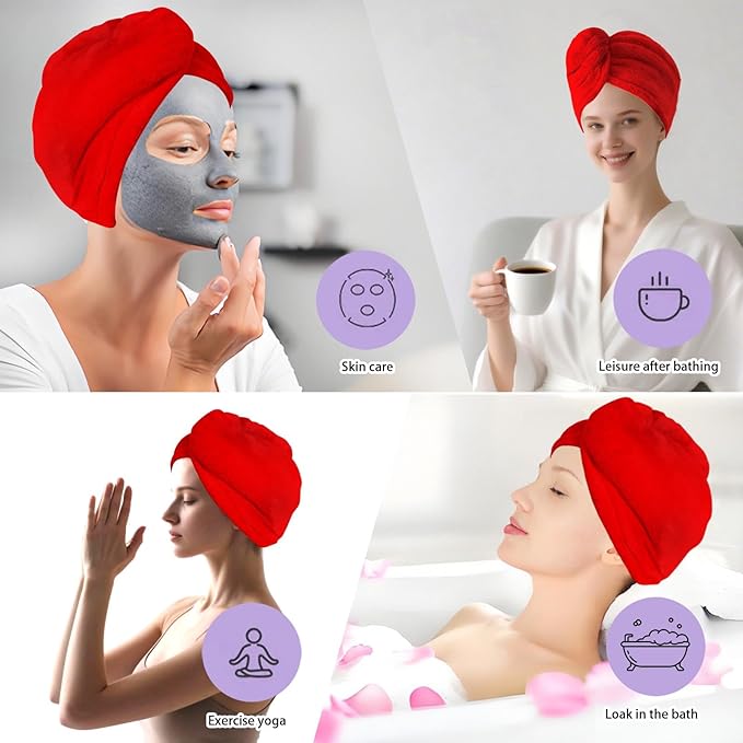 AGKXHDEC1 Pack Double Layer Microfiber Towel, Hair Turbans for Wet Hair, Drying Hair Wrap for Women(Red)