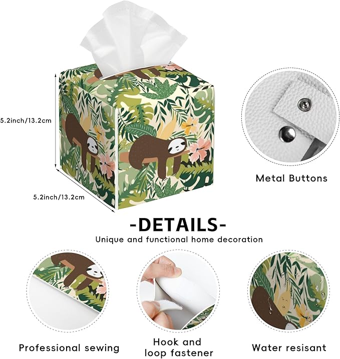 Cute Sloth Tissue Box Cover Square,Jungle Leaves Tissue Box Holder with Belt Bottom,Stylish Leather Napkin Holder for Vanity Countertop,Nightstands,Office Desk,5.2"×5.2"×5.2"