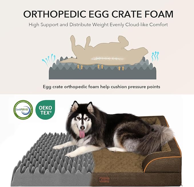 Casa Paw Orthopedic Dog Beds for Large Sized Dogs, Waterproof Memory Foam Large Pet Bed with Sides 35x22Inch, Non-Slip and Egg-Crate Foam Big Dog Couch Bed with Removable Washable Cover, Brown