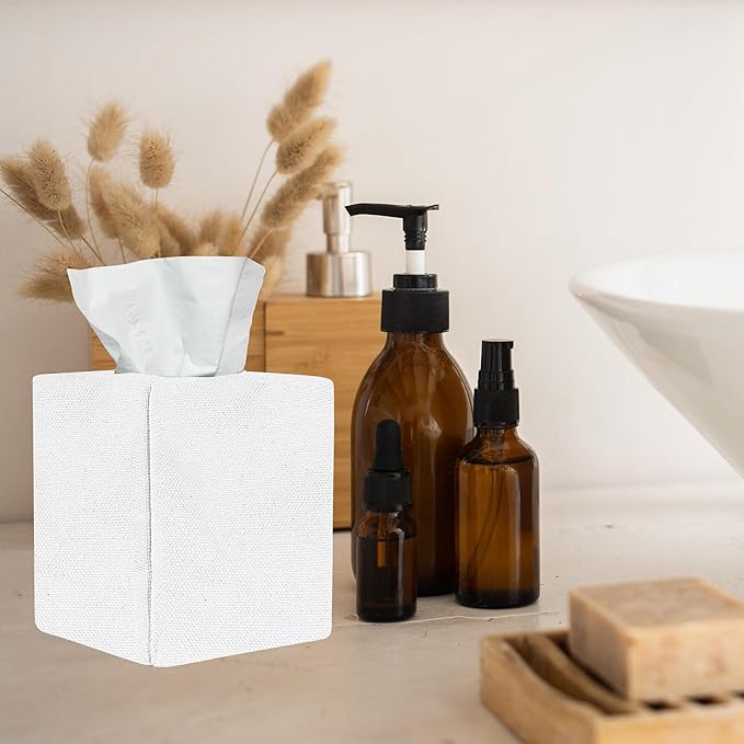 Tissue Box Cover, Cute Bleach White Linen Fabric Decorative Square Tissue Box Holder/Organizer for Bathroom Vanity Countertop/Office/Nightstand/Desk