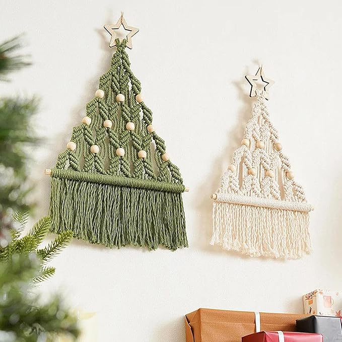2 Set DIY Macrame Christmas Tree Kit, 6 Set Christmas Tree Craft Starter Kit with Instructions Boho DIY Wall Hanging Art Decor Festive Activity Supplies for Beginners