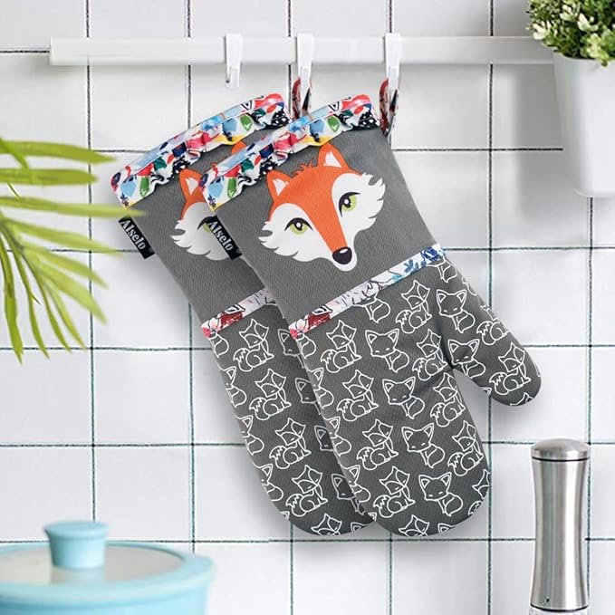 Oven Mitts, Heat Resistant Kitchen Mittens with Soft Quilted Cotton Lining Set of 2, Fashion Animal Design with Silicone Printing Anti-Slip Gloves for Baking Cooking Barbecue (Gray 2)