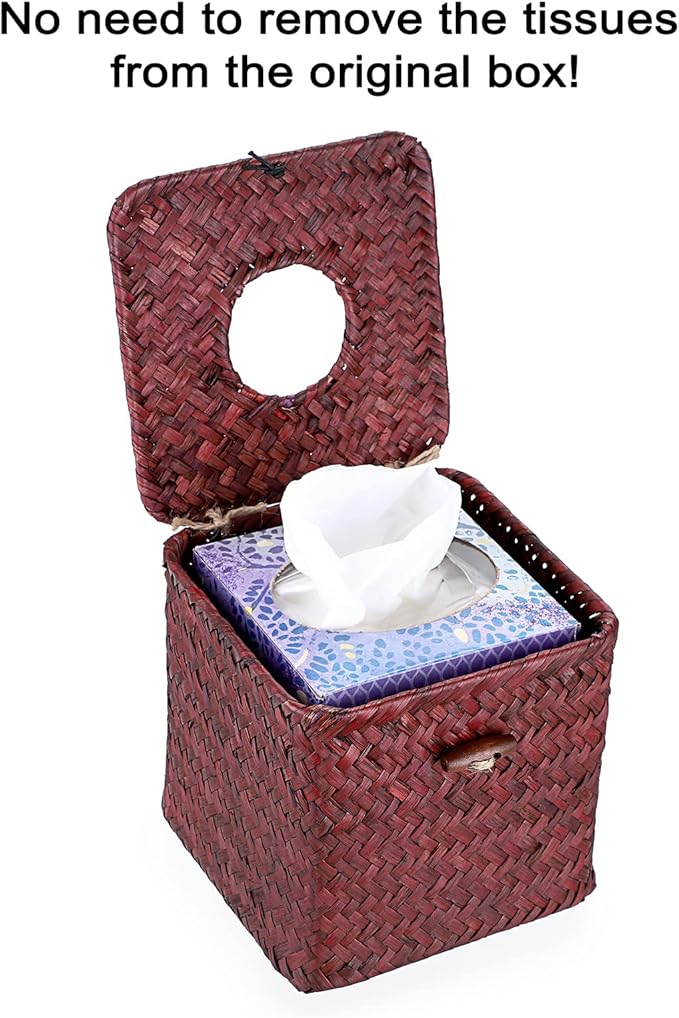 Sumnacon Tissue Box Cover Square Seagrass Tissue Box with Lid, Woven Tissue Box Holder Rustic Cube Tissue Cover for Bathroom Toilet Bedroom Living Room Kitchen Table Desk Office Car, Red Brown