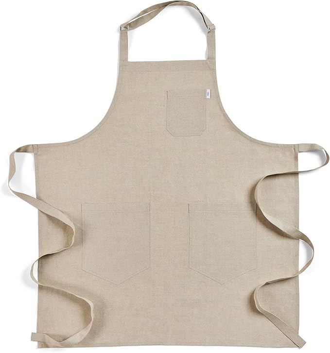 Solino Home Linen Bib Apron for Men & Women - 33 x 30 Inch Kitchen Apron with Front Pockets - Handcrafted from European Flax