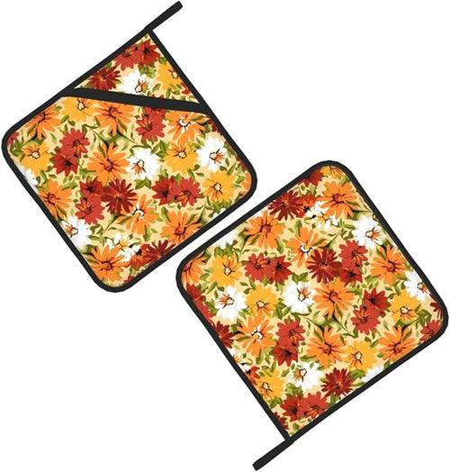 2 Pieces Floral Daisy House Pot Holders for Kitchen Heat Resistant, 2pc Decorative Flower Pot Holder Set, Fashionable Pot Holders for Kitchen and Baking (Orange)
