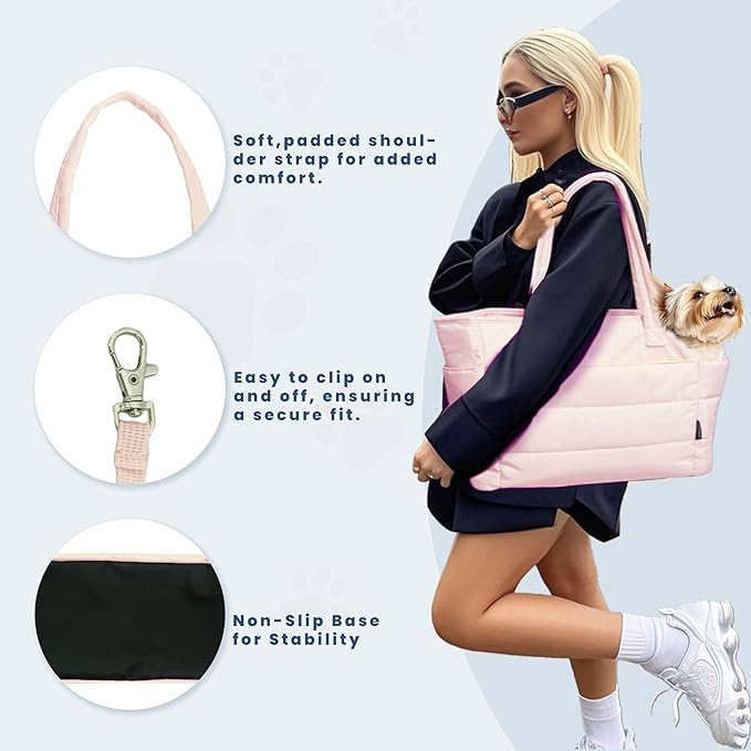 STRAODTIC Lightweight Dog Purse Carrier for Small Dogs Under 15 lbs, Puffy Quilted Pet Carrier Tote for Puppies with Safety Leash Clip, Women's Hands-Free Dog Carrier Bag for Travel/Shopping (Pink)