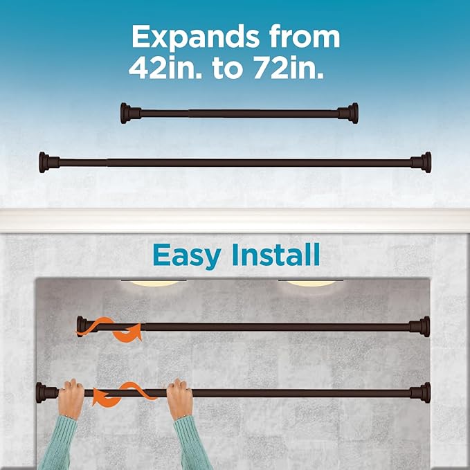 BLACK+DECKER Tension Shower Curtain Rod 42-72 Inch – Drill-Free Adjustable Curtain Rod, Rust-Resistant Stainless Steel Tension Curtain Rod for Shower, Bathroom, Window, Closet – 35 lb Capacity