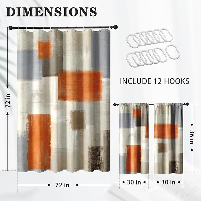Culudea Beige Orange Painting Shower Curtain Set, Grey Contemporary Modern Bathroom Window Waterproof Shower Curtain Set for Bathroom Decor