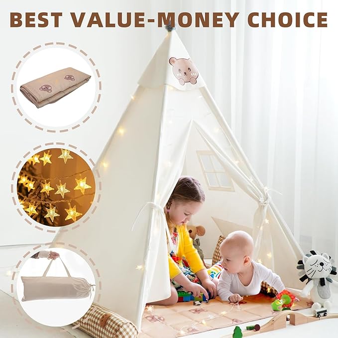 RongFa Teepee Tent for Kids-Portable Children Play Tent Indoor Outdoor (White with Mat)