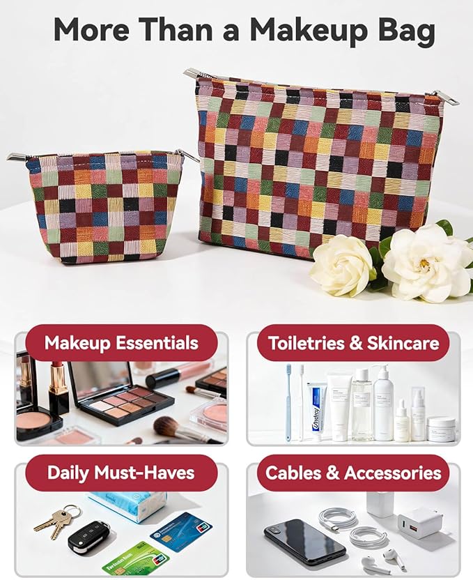 fahombag 2 Pcs Checkered Makeup Bag Set Canvas Cosmetic Pouch for Women Large & Small Cute Preppy Aesthetic Travel Toiletry Pouch Organizer for Purse Skincare Brushes, Multicolor