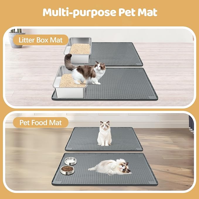 Bartuke Cat Litter Mat, 2 Pack Large 34" x 22" Silicone Mat Litter Trapping Mat for Scatter Control, Soft on Kitty Paws, Easy to Clean (Dark Grey)