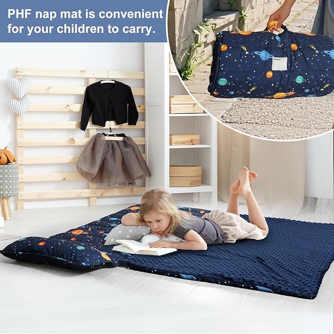PHF Toddler Nap Mat with Removable Pillow and Minky Fleece Blanket, Rollup Design Warm Slumber Bags for Boys, 52"x20"x2" Kids Sleeping Bag for Daycare Preschool Travel Camping, Space