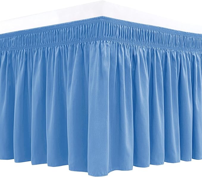 Biscaynebay Wrap Around Bed Skirts for Full & Full XL Beds 15" Drop, Denim Blue Elastic Dust Ruffles with Adjustable Belts Silky Luxrious Fabric Machine Washable