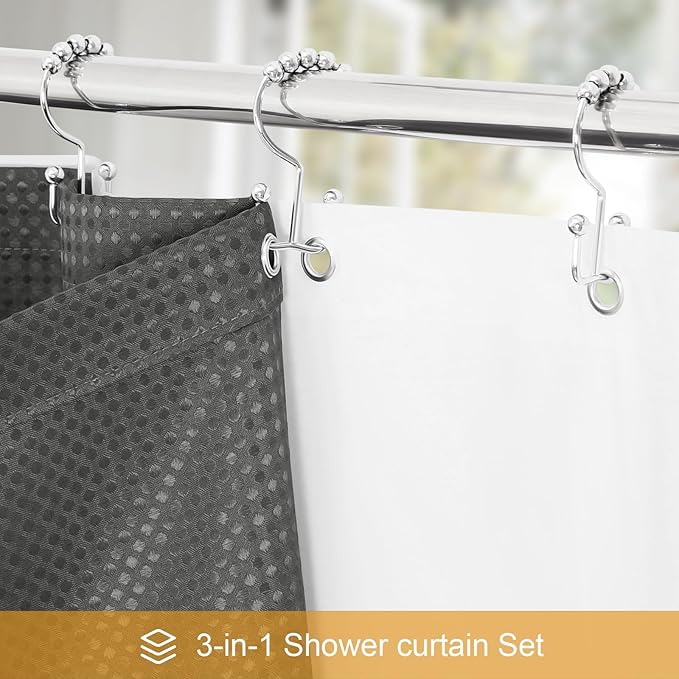 Craidlela 3 in 1 Long Charcoal Grey Shower Curtain Set-72 W x 78 H, Modern Waffle and PEVA Liner Set with 12 Stainless Steel Hooks, Waterproof Fabric for Bathroom