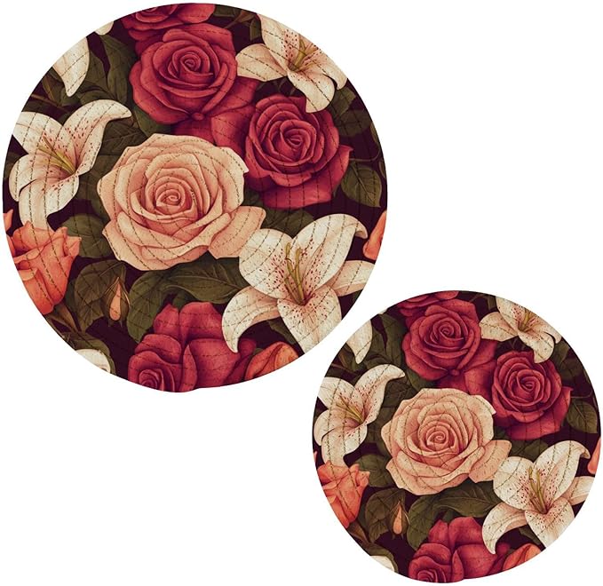 Roses and Lily Flowers Bushes Trivets for Hot Dishes Pots and Pans Potholders Woven Trivet Cotton Round Large Pot Holder Decor Heat Resistant Hot Pads Mat for Table Counter Cooking Potholder Se