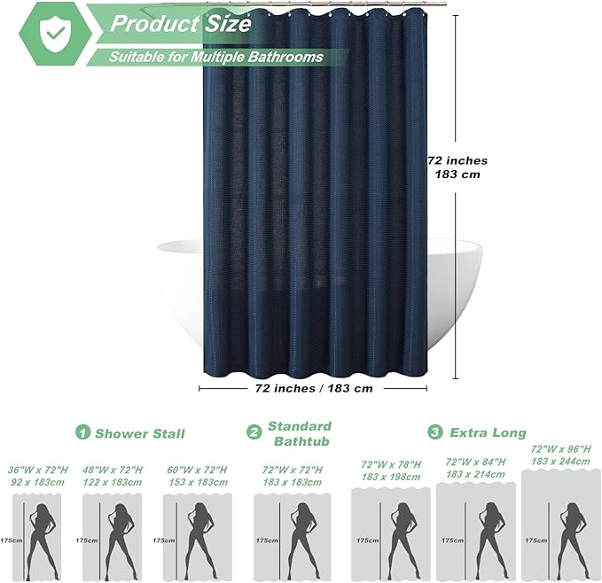 meioro Navy Blue Shower Curtain, Waffle Weave 256GSM Heavy Duty Textured Fabric Shower Curtains for Bathroom Hotel Spa, Luxury Weighted Polyester Cloth Bath Curtain Set with 12 Hooks, 72Wx96H