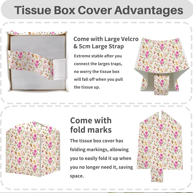 Tissue Box Cover, Tissue Box Holder, Square with Belt Bottom, PU Leather Decorative Organizer for Desk, Table, Countertop Bathroom, Toilet Car, Office, Dresser Bedside, Aesthetic Flowers Fruits Decor