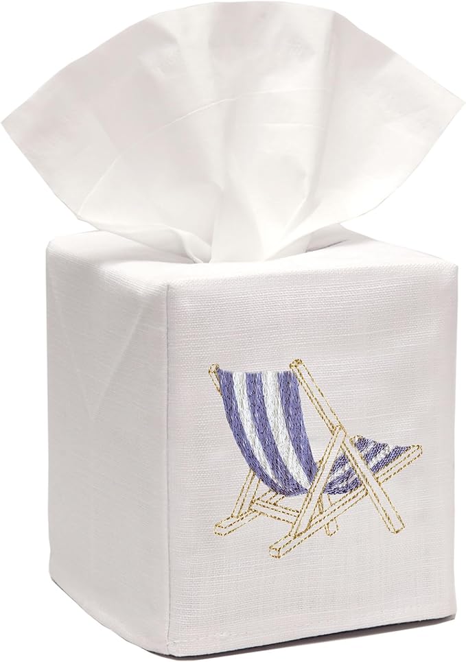 Jacaranda Living Square Tissue Box Cover, Linen/Cotton Fabric Tissue Holder, Decorative Cloth Tissue Cube Cover, Coastal Designs Deck Chair (Blue)