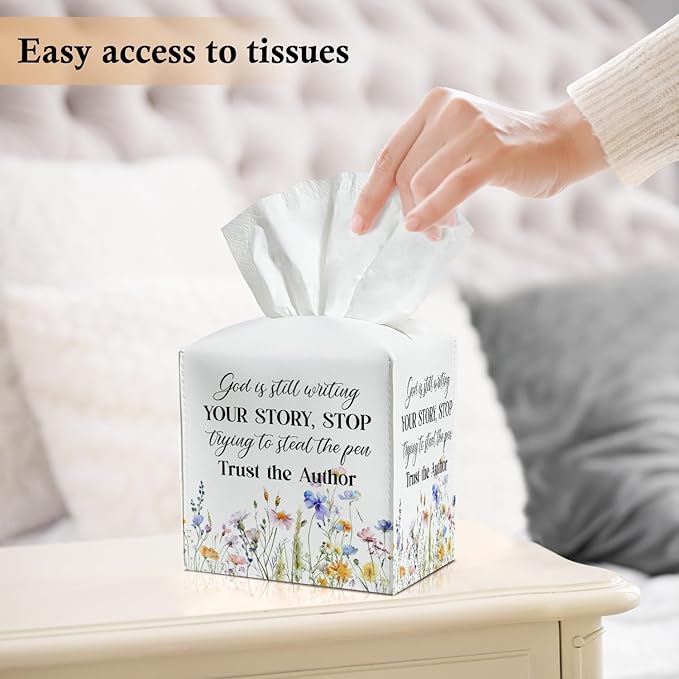 Floral Tissue Box Covers Square - God is Still Writing Your Story, Leather Tissue Box Holders Decorative for Car Nightstand Home Office Organizer, Square Facial Paper Organizer Home Decor -024